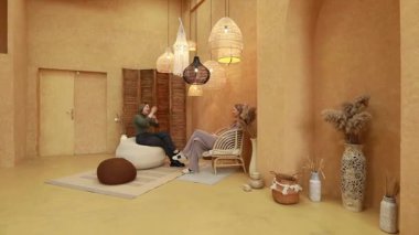 İki birey, sıcak ve aydınlık bir iç mekanda rahat bir sohbetin tadını çıkarırlar. Mekanda doğal bir dekor var. Şık ışıklandırma ve toprak renkleri var. Sakinleştirici bir atmosfer yaratıyor..