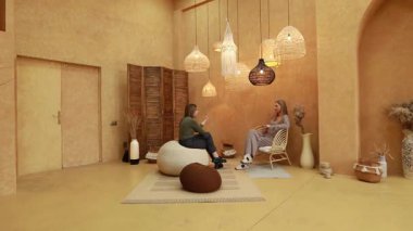 Sıcak tonlu bir odada iki insan dostça sohbet eder. Mekanda sanatsal aydınlatma armatürleri ve rahat bir atmosfer yaratan doğal dekorasyonlar yer alıyor..