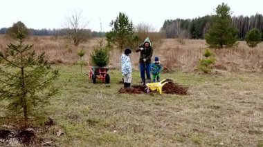 Bir aile çimen tarlasında ağaç dikmekle meşgul. Yetişkinler ve çocuklar birlikte çalışıyorlar, fidan ekmek için kürek ve el arabası kullanıyorlar. Hava serin ve bulutlu..