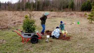 Bir aile çimenli bir alana genç bir ağaç dikmekle meşgul. Çocuklar kürekle kazarken, yetişkinler denetliyor. Manzara, arka planda birlikte aktiviteden zevk alan ağaçları gösteriyor..