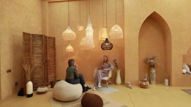 İki kadın şık aydınlatma aksesuarlarıyla dekore edilmiş sıcak ve davetkar bir odada derin bir sohbete girişiyor. Mekan, toprak tonlarını ve rahat mobilyaları içeriyor, rahat bir atmosfer yaratıyor..