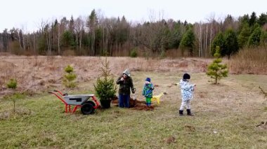 Bir aile baharın başlarında bir orman açıklığında küçük ağaçlar dikmekten hoşlanır. Çocuklar küreklere yardım ederken bir yetişkin onların çabalarını denetliyor ve teşvik ediyor..