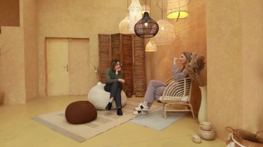 İki arkadaş, yumuşak ışıklandırma ve zevkli dekorun yer aldığı sıcak bir mekanda rahat bir sohbete girişiyor. Atmosfer sakin, bağlantılarını vurguluyor..