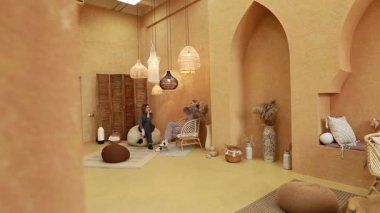 İki birey, güzel dizayn edilmiş bir salonda canlı bir sohbete girişiyor. Topraksı tonlar, dekoratif ışıklandırma ve rahat koltuklar. Atmosfer davetkar ve huzurlu..