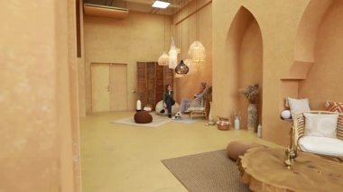 İki insan, eşsiz dekorasyon ve rahat mobilyalarla dolu sıcak tonlu bir toplanma yerinde eğleniyor. Davet edilen ortam gevşemeyi ve sosyal etkileşimi teşvik eder.