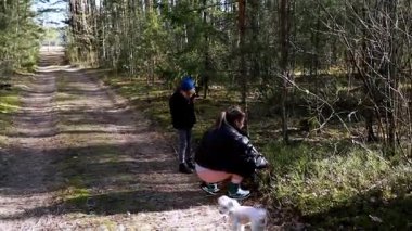 Bir kadın ve bir çocuk, yakınlarda küçük bir köpek oynarken yemyeşil orman patikalarını keşfediyorlar. Bitkileri toplarlar ve güneşli bir günün sıcağının tadını çıkarırlar..