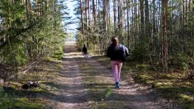 İki birey, berrak mavi gökyüzünün altında ağaçlarla kaplı sakin bir orman yolu boyunca sakin bir yürüyüş yapar. Uyum içinde yürürken doğanın güzelliği onları sarar..
