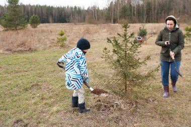 Renkli ceketli bir çocuk, seyrek ağaçlarla çevrili çimenlik bir alana genç bir ağaç dikmede yetişkine yardım eder. Birlikte çalıştıklarında soğuk hava giysilerinde görünür..
