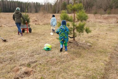 İlkbaharın başlarında, bir aile doğa ile çevrili geniş bir alana ağaç dikmeye başlar. Çocuklar çevreye karşı sevgi beslemek için küçük aletlere yardım ederler..