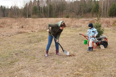 Bir anne, küçük çocuğu el arabasından izlerken yerde bir çukur kazıyor. Arka planda ağaçlar olan çimenli bir çayıra yeni bir ağaç dikiyorlar..