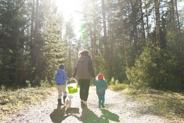 Bir kadın ormanlık yolda iki çocuk ve bir köpeğe liderlik ediyor. Parlak renkli bir sepet taşırlar, öğleden sonra güneşinin sıcaklığının tadını çıkarırlar ağaçların arasından süzülürler..