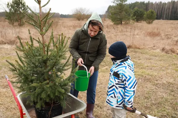 Bir kadın, oğlunun kırsal alanda izlediği gibi genç bir ağacı sular. Baharın başında ekmeye hazırlanıyorlar. Etrafı açık çayırlar ve dağınık ağaçlarla çevrili..