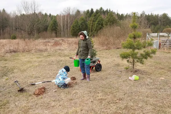 Bir çocuk, elinde yeşil kovalarla yanında duran bir kadın, genç bir ağacın yakınını kazarak yerde diz çöker. Nadir ağaçlar ve otlarla çevrili doğal bir ortamdalar..