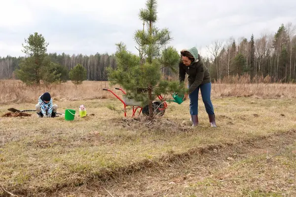 İki birey bir tarlada ağaç dikme faaliyetlerine girişiyor. Bir yetişkin, genç bir ağacı sularken, bir çocuk da çevresel korunmaya katkıda bulunarak yakınlarda kazıyor..