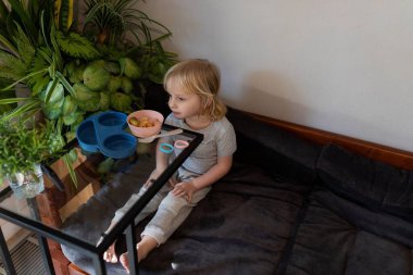 Küçük bir çocuk kanepede sessizce oturur ve kaseden atıştırmalık bir şeyler yer. Konforlu oturma odası yemyeşil bitkilerle süslenmiş, huzurlu bir atmosfer yaratıyor..