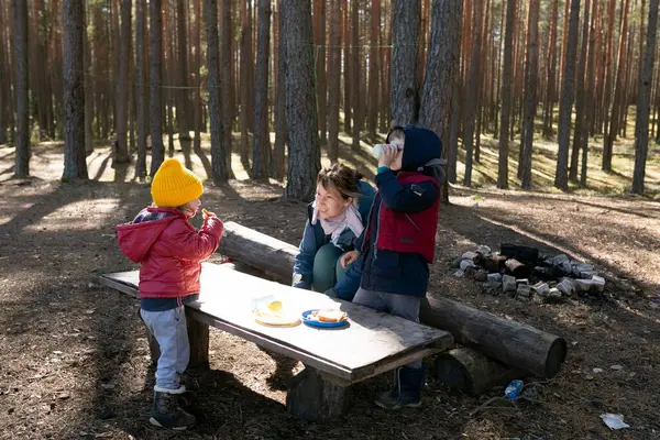 Bir kadın ormandaki ahşap piknik masasında oturuyor, uzun ağaçlarla çevrili. İki çocuk mutlu bir şekilde atıştırmalıkların tadını çıkarıyor. Güneş ışığı yaprakların arasından süzülüp barışçıl bir atmosfer yaratır..