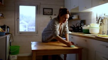 Bir kadın, sıcak ve davetkar bir mutfakta ahşap bir masayı titizlikle siler. Güneş ışığı pencereden süzülerek işine odaklanırken sakin bir ortam yaratır..