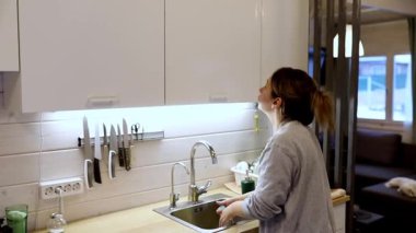 Bir kadın şık bir mutfakta bulaşık yıkamakla meşgul. Parlak ışıklandırma ve parlak kabin şiirleri var. Atmosfer sakin ve düzenli, modern tasarım unsurları sergiliyor..