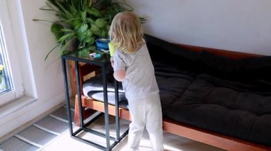 Küçük bir çocuk, yeşilliklerle dolu sıcak bir oturma odasında küçük bir masa ile etkileşime girer. Yumuşak sabah ışığı, atıştırmalıklar görünürken neşeli atmosferi vurgular..