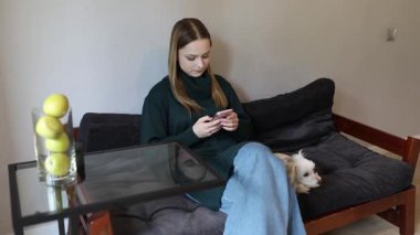 Rahat bir kanepede rahat bir şekilde oturan genç bir kadın, basit bir dekorasyonla rahat bir odada küçük bir köpek yanında dinlenirken seyyar cihazına odaklanıyor..