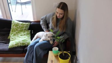Genç bir kadın kanepede rahat bir şekilde oturur, küçük köpeğini nazikçe okşar. Etrafı yeşilliklerle çevriliyken elinde bir çay fincanı tutuyor. Huzurlu bir ev atmosferi yaratıyor..