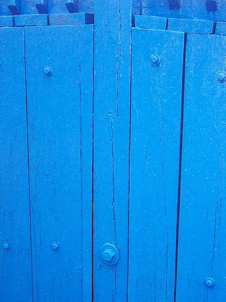 Detail Wooden Fence Held Together Large Bolts Painted Royal Blue Stock Photo
