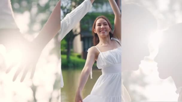 Collage Multiple Screen Young Asia Lovers Hold Hands Dancing Outdoor — Wideo stockowe