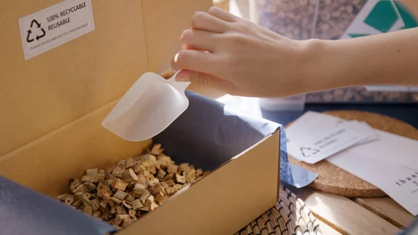 Продавец Экологически Чистых Отходов Идет Зеленой Упаковки Коробка Коробка Коробка Стоковое Изображение
