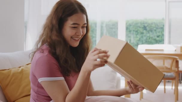 Asien Menschen Junge Frau Lächeln Liebe Umarmung Paketkasten Waren Karton — Stockvideo