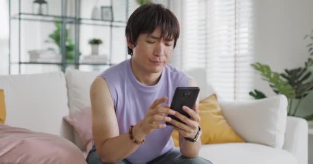 Adult People Asia Single Lgbt Gay Man Sitting Home Sofa — Vídeo de stock