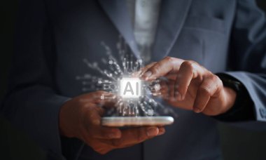 Başarılı pazarlama müşterilerinin iş planlarında yapay zeka yönetimi ve teknoloji desteği. AI yönetim kavramı, yenilikçi veri analizi, iş adamları ve yatırımcılar.