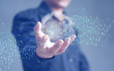 Engelleme teknolojisi ve engelleme ağı iş afişi küresel kripto para birimi engelleme başlığı fikirleri. Blokchain başlık yan görünümü 0 'lar ve 1' ler üstte uçuyor. Yatırımcıların resmi