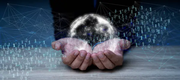 Engelleme teknolojisi ve engelleme ağı iş afişi küresel kripto para birimi engelleme başlığı fikirleri. Blokchain başlık yan görünümü 0 'lar ve 1' ler üstte uçuyor. Yatırımcıların resmi