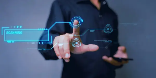 Cyber security, Technology safety of future and Biometric identification on internet, Fingerprint scan provides access of security and identification of business, Banking and finance, Cloud computing