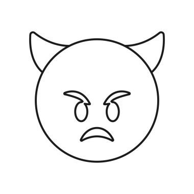 Beyaz arka planda izole edilmiş boynuz ikonu olan kızgın yüz. Cin sembolü modern, basit, vektör, web sitesi tasarımı için simge, mobil uygulama, ui. Vektör İllüstrasyonu