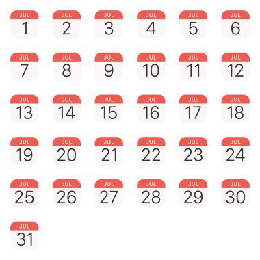 Beyaz arkaplanda Temmuz takvim simgesi izole edildi. Sembol modern, basit, vektör, web sitesi tasarımı için simge, mobil uygulama, ui. Vektör İllüstrasyonu