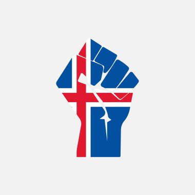 Flag of Iceland in the shape of raised hand sign isolated on background. Fist symbol modern, simple, vector, icon for website design, mobile app, ui. Vector Illustration clipart