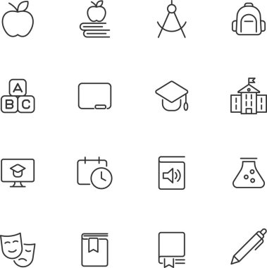 Beyaz arka planda izole edilmiş bir takım eğitim simgeleri. Bilim sembolü modern, basit, vektör, web sitesi tasarımı için simge, mobil uygulama, ui. Vektör İllüstrasyonu