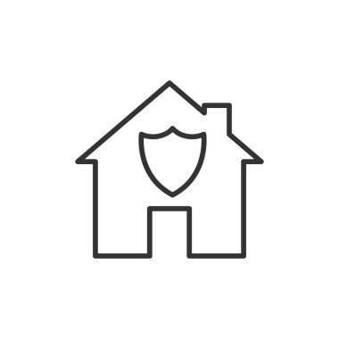 Beyaz arkaplanda izole edilmiş kalkan simgesi olan ev. Sigorta sembolü modern, basit, vektör, web sitesi tasarımı için simge, mobil uygulama, ui. Vektör İllüstrasyonu