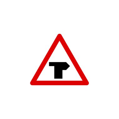 Ana yol üzerindeki T kavşağı sağ üçgen yol işareti beyaz arka planda izole edilmiş. Yansıtıcı trafik işareti sembolü modern, basit, vektör, web sitesi tasarımı için simge, mobil uygulama, ui. Vektör İllüstrasyonu
