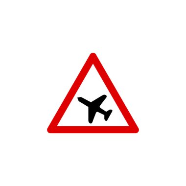 Alçaktan uçan uçaklar muhtemelen öndeki üçgen yol tabelasında beyaz arka planda izole edilmiş. Yansıtıcı trafik işareti sembolü modern, basit, vektör, web sitesi tasarımı için simge, mobil uygulama, ui. Vektör İllüstrasyonu