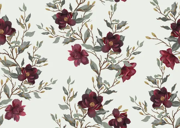 Patrón Sin Costuras Con Flores Exuberantes Gráficas Magnolia Color Burdeos — Foto de Stock