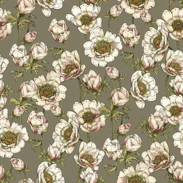 Patrón Sin Costuras Con Flores Exuberantes Gráficas Anémonas Blancas — Foto de Stock