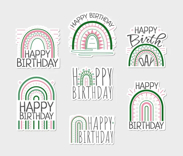 Set Happy Birthday Stickers Rainbow Signs — Stock Vector