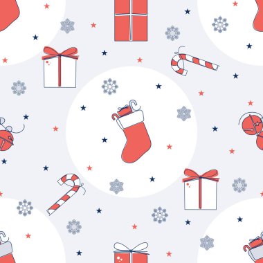 Noel desenli hediye kutuları, baston şekerler, çan ve kostüm düz dizayn edilmiş.