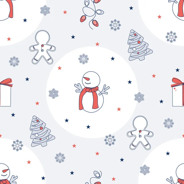 Різдвяний Безшовний Візерунок Сніговиком Імбирним Пряником Ялинкою Подарунками Плоскому Дизайні — стоковий вектор