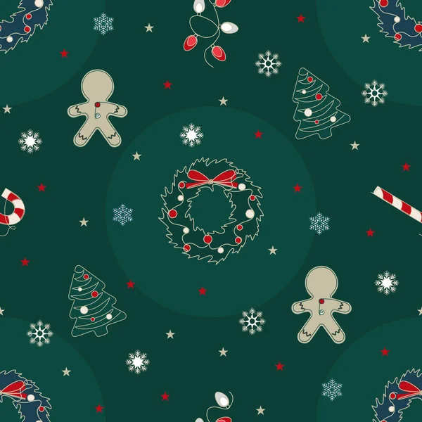 Xmas Tree Candy Pox Gingerbread Garland 크리스마스 솔기없는 패턴의 디자인 — 스톡 벡터