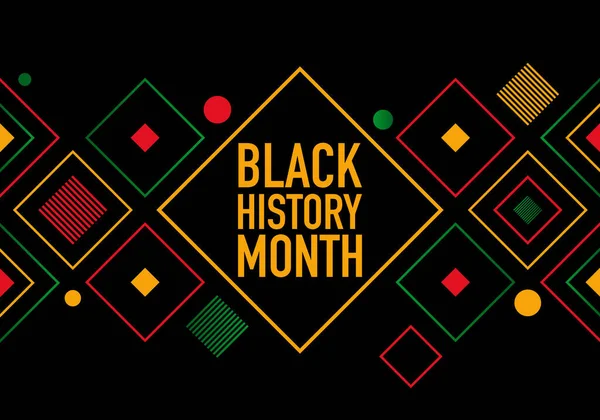 Black History Month celebration banner with colorful ornaments and signs