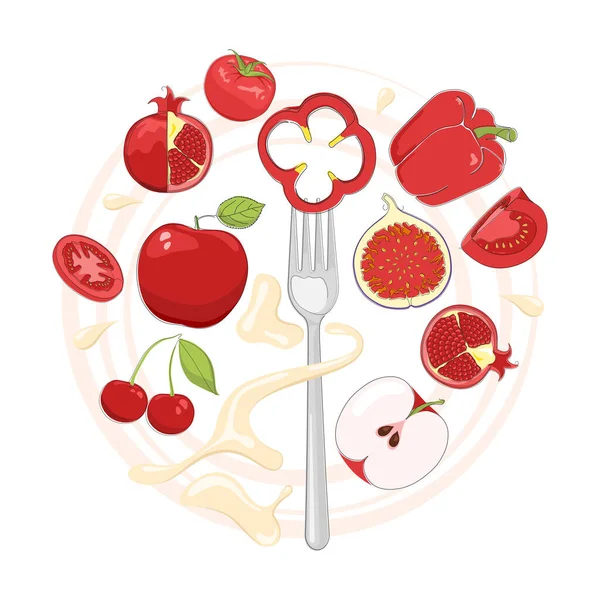Legumes Vermelhos Frescos Frutas Garfo Com Pimentão Ilustração Vetorial Alimentos — Vetor de Stock