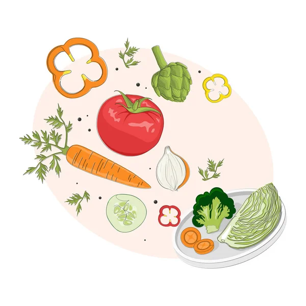Fatias Legumes Frescos Caindo Prato Ilustração Design Plano Dieta Saudável — Vetor de Stock